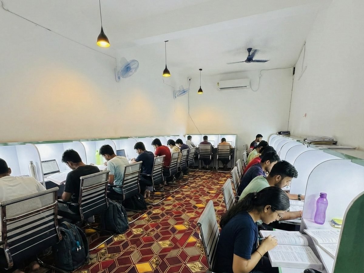 Students studying in AC library at Cyber Gyaan