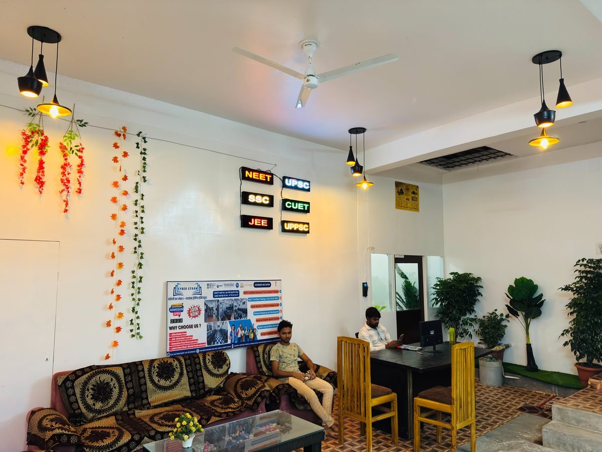Reception and lobby area at Cyber Gyaan with LED exam boards